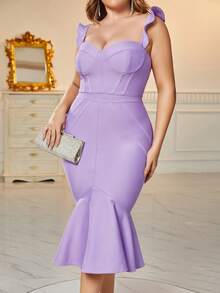 大碼荷葉邊魚尾裙下擺緊身連衣裙 - 紫丁香色 - 查看 5