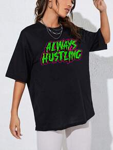 Áo thun nữ Lá thư Giải trí - màu đen - Xem 3