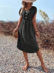 SHEIN LUNE 波卡圓點蝙蝠袖洋裝 - 黑色 - 查看 1
