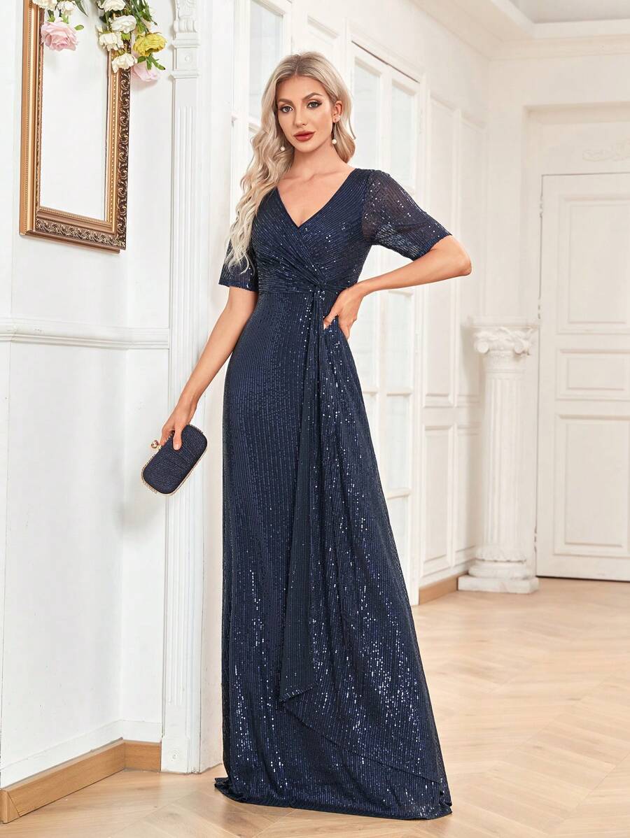 XUIBOL Váy sang trọng thanh lịch màu trơn, cổ chữ V, tay ngắn, dáng chữ A, đính sequin co giãn chất lượng cao, thích hợp cho các bữa tiệc, lễ tốt nghiệp, đám cưới, sự kiện, váy dạ hội trang trọng, váy dạ hội, váy phù dâu