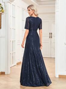 XUIBOL Váy sang trọng thanh lịch màu trơn, cổ chữ V, tay ngắn, dáng chữ A, đính sequin co giãn chất lượng cao, thích hợp cho các bữa tiệc, lễ tốt nghiệp, đám cưới, sự kiện, váy dạ hội trang trọng, váy dạ hội, váy phù dâu - Màu xanh hải quân - Xem 3