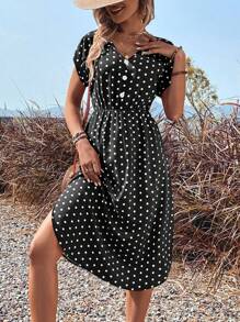 SHEIN LUNE 波卡圓點蝙蝠袖洋裝 - 黑色 - 查看 3