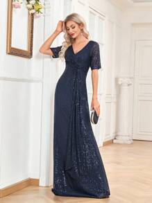 XUIBOL Váy sang trọng thanh lịch màu trơn, cổ chữ V, tay ngắn, dáng chữ A, đính sequin co giãn chất lượng cao, thích hợp cho các bữa tiệc, lễ tốt nghiệp, đám cưới, sự kiện, váy dạ hội trang trọng, váy dạ hội, váy phù dâu - Màu xanh hải quân - Xem 5