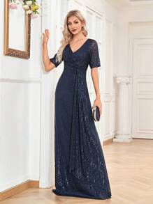 XUIBOL Váy sang trọng thanh lịch màu trơn, cổ chữ V, tay ngắn, dáng chữ A, đính sequin co giãn chất lượng cao, thích hợp cho các bữa tiệc, lễ tốt nghiệp, đám cưới, sự kiện, váy dạ hội trang trọng, váy dạ hội, váy phù dâu - Màu xanh hải quân - Xem 7