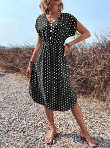 SHEIN LUNE 波卡圓點蝙蝠袖洋裝 - 黑色 - 查看 6
