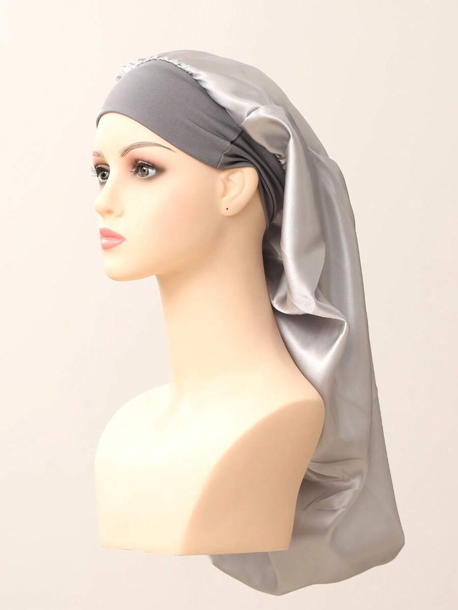 緞面軟帽真絲軟帽毛髮軟帽大號睡衣緞面軟帽女士彈力領帶 - 銀色 - 查看 1
