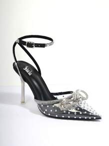 Transparent Rhinestone Bow Pointy Toe Pumps - Black - View 2