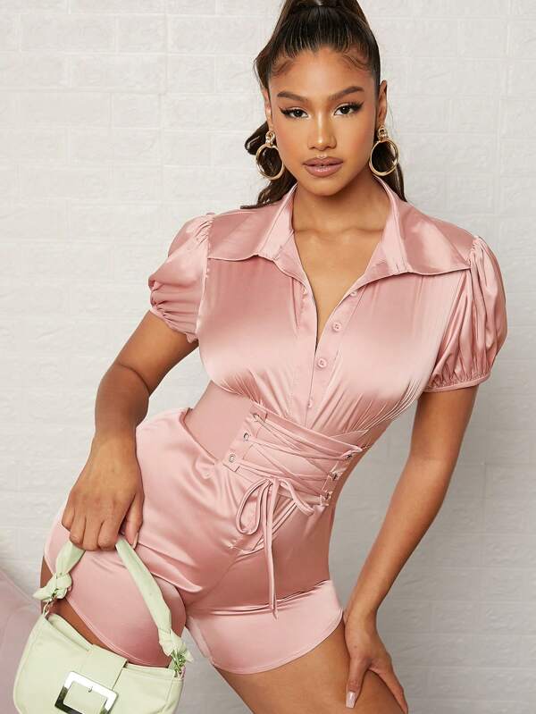 Hauture Puff Sleeve Corset Waist Satin Romper
