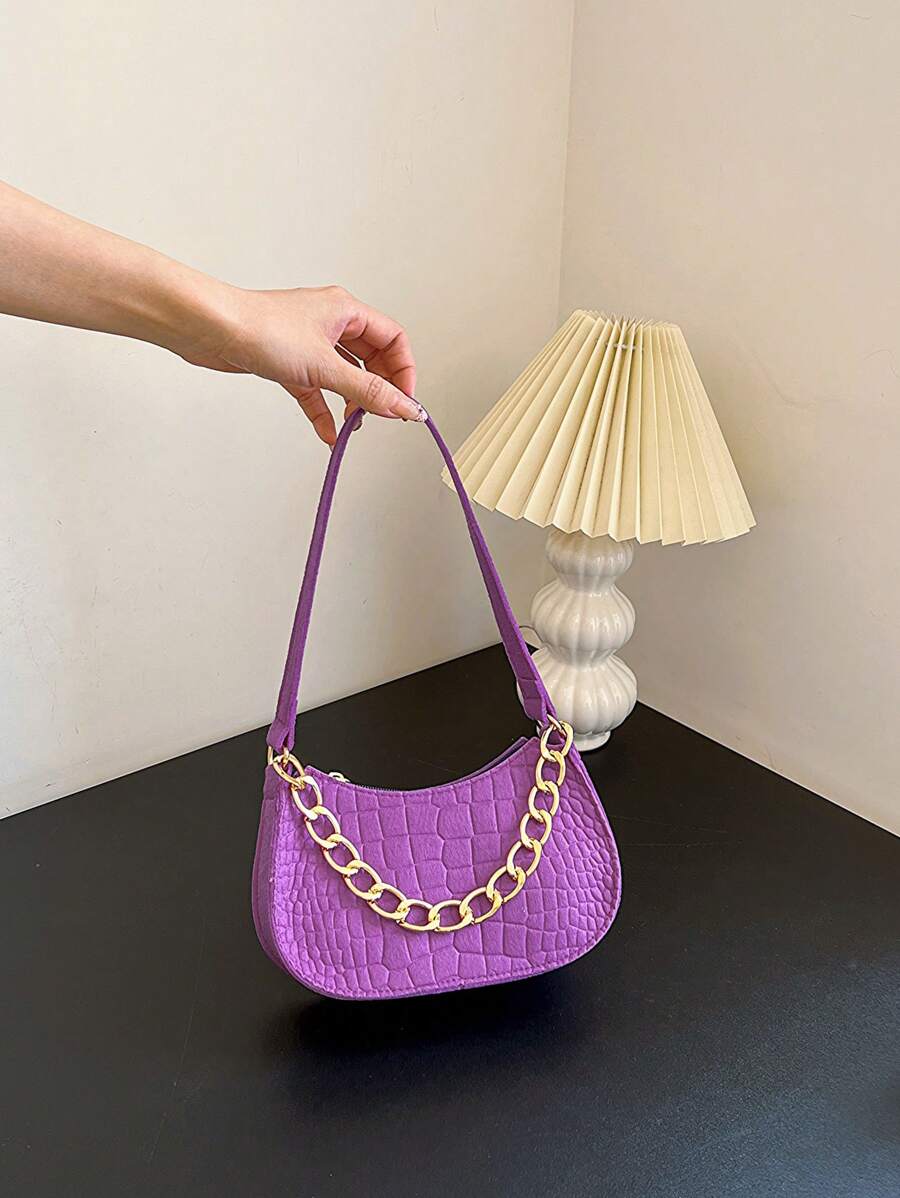 Hobo Tasche mit Krokodil Prägung, Kette Dekor, Lila Modisch - Violett - Übersicht 1