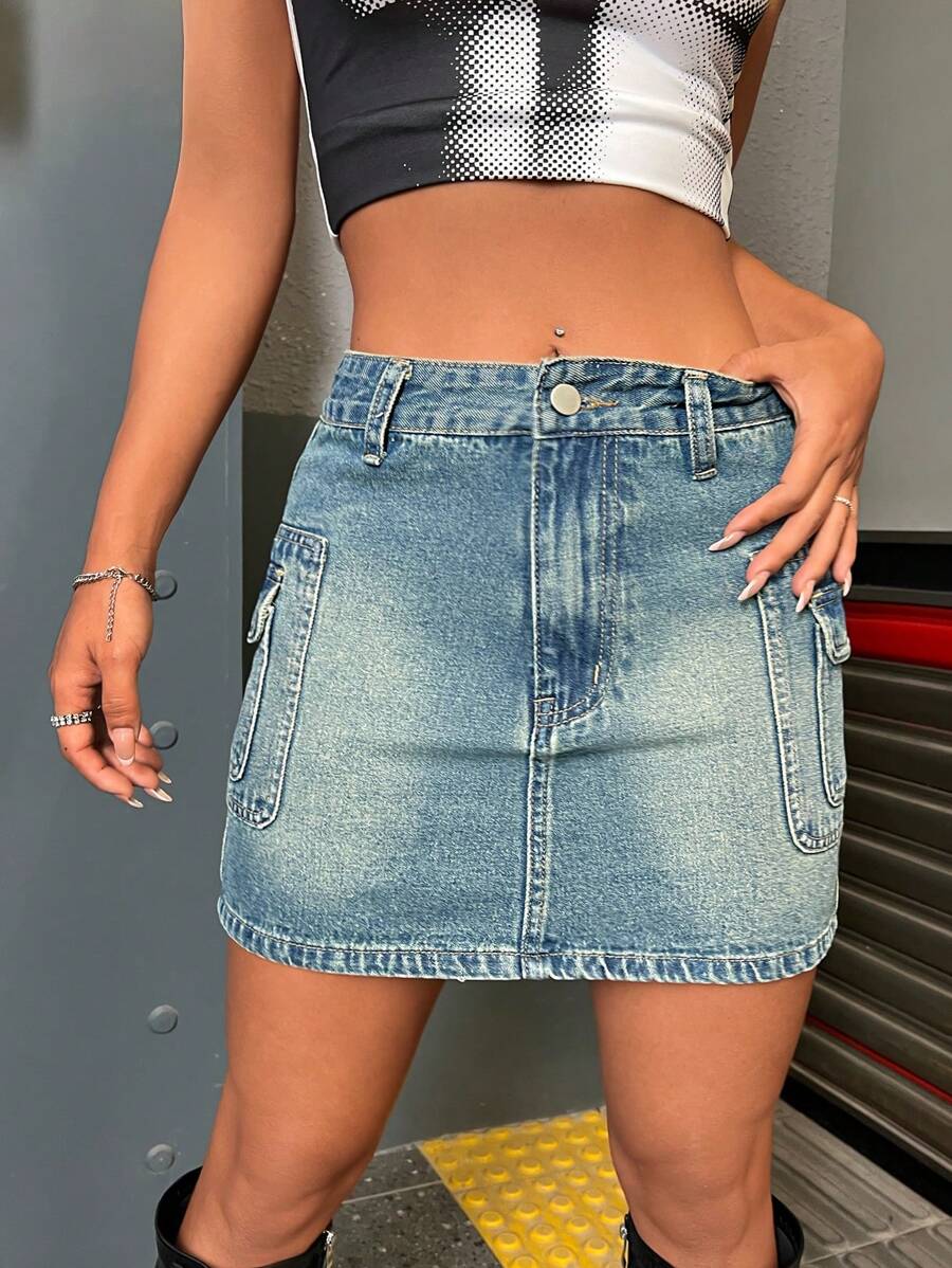 SHEIN ICON Flap Pocket Side Denim Skirt - Blue - View 1