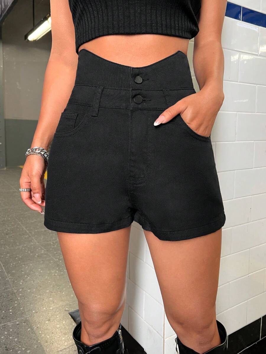 SHEIN ICON 不對稱腰牛仔短褲 - 黑色 - 查看 1