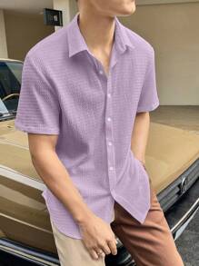 Manfinity Homme Nam Màu thuần Lỏng lẻo phù hợp Nút lên Áo sơ mi - Màu tím hoa cà - Xem 4