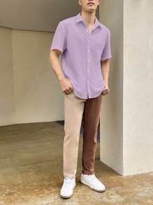 Manfinity Homme Nam Màu thuần Lỏng lẻo phù hợp Nút lên Áo sơ mi - Màu tím hoa cà - Xem 5