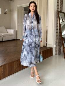 DAZY 紮染落肩袖襯衫和半身裙 - 彩色 - 查看 3