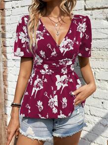 SHEIN LUNE Blusa peplum con estampado floral - Morado - Ver 1