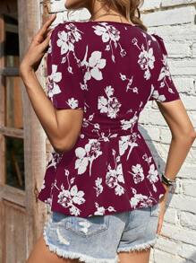 SHEIN LUNE Blusa peplum con estampado floral - Morado - Ver 2