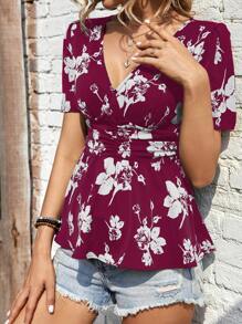 SHEIN LUNE Blusa peplum con estampado floral - Morado - Ver 4
