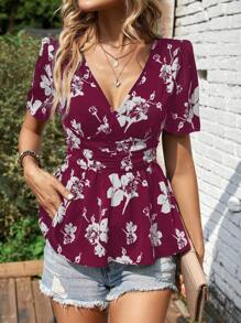 SHEIN LUNE Blusa peplum con estampado floral - Morado - Ver 6