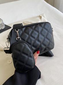 Quilted Square Bag Black Fashionable With Coin Purse - Black - View 3