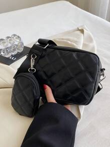Quilted Square Bag Black Fashionable With Coin Purse - Black - View 4