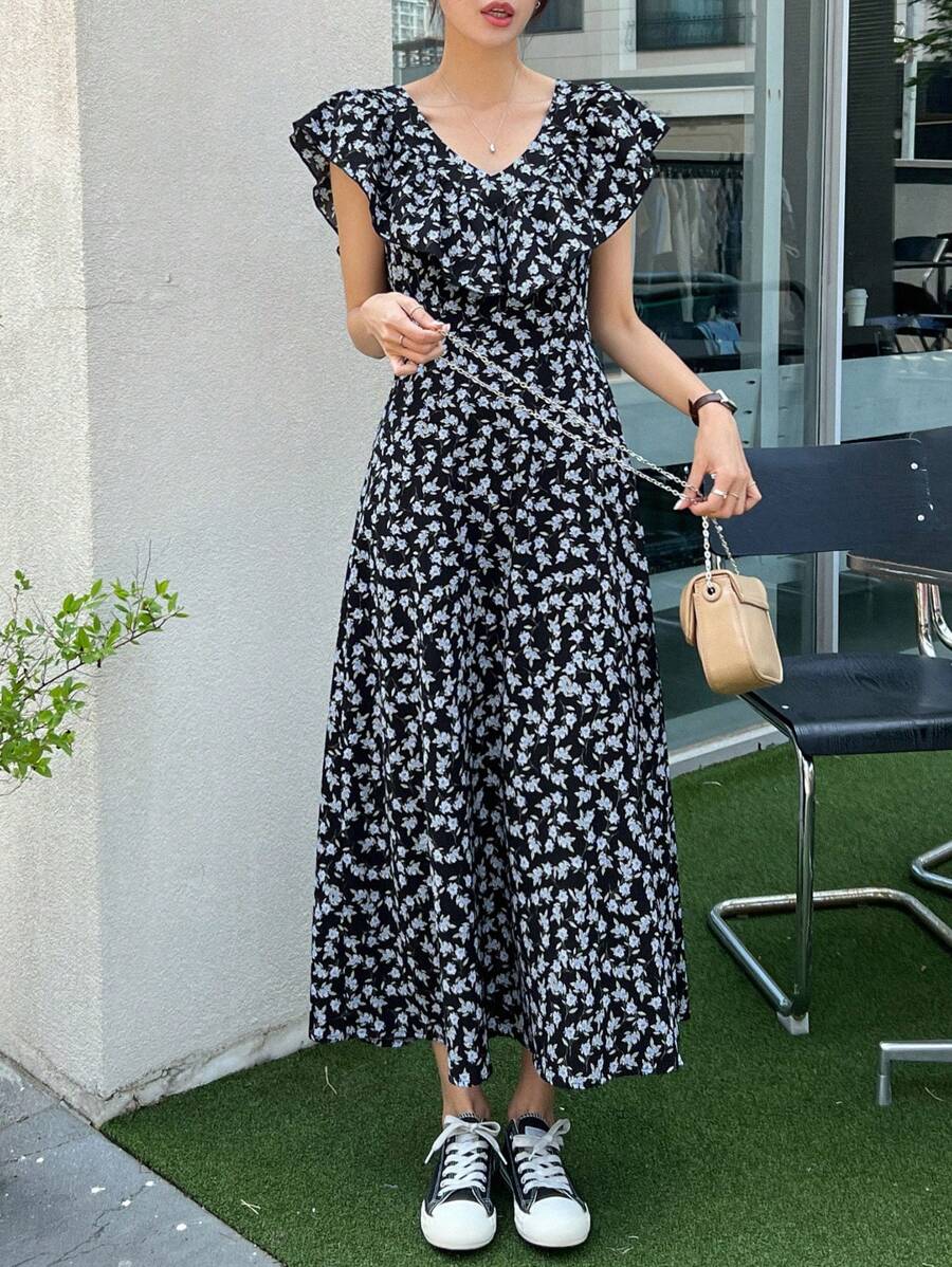 DAZY Allover Floral Print Ruffle Trim Dress - Multicolor - View 1