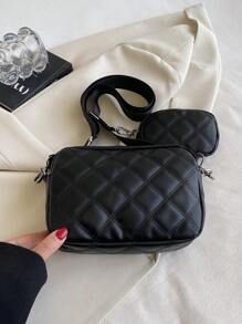 Quilted Square Bag Black Fashionable With Coin Purse - Black - View 5