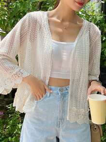 DAZY Áo len cardigan viền sò rỗng - Màu be - Xem 1