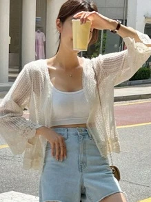 DAZY Áo len cardigan viền sò rỗng - Màu be - Xem 4