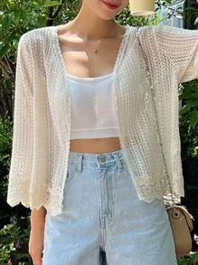 DAZY Áo len cardigan viền sò rỗng - Màu be - Xem 5