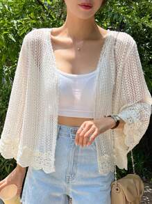 DAZY Áo len cardigan viền sò rỗng - Màu be - Xem 7