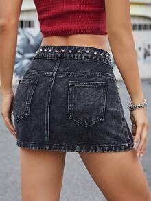 Váy denim nữ Túi Nút phía trước Đúc màu trơn - màu đen - Xem 2
