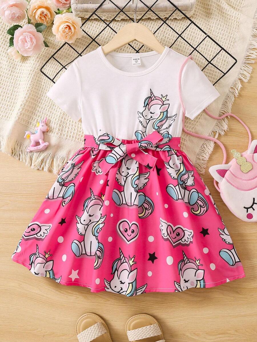 休閒卡通 撞色女幼童連衣裙 - 彩色 - 查看 1