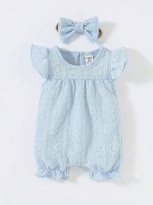 Newborn Baby Ruffle Trim Keyhole Back Lace Romper - Baby Blue - View 1