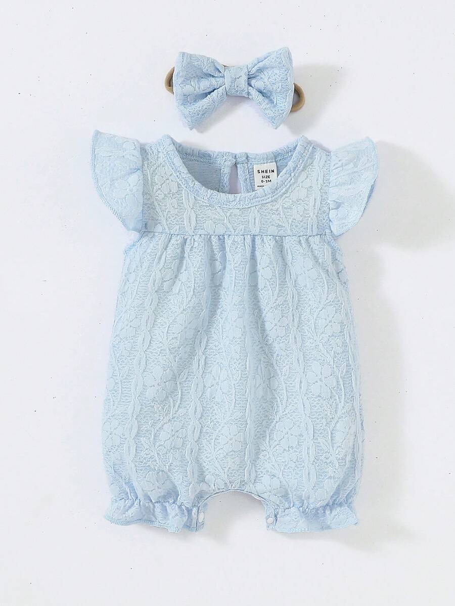 Newborn Baby Ruffle Trim Keyhole Back Lace Romper - Baby Blue - View 1
