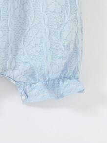 Newborn Baby Ruffle Trim Keyhole Back Lace Romper - Baby Blue - View 3