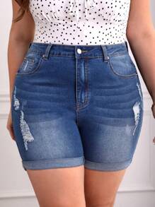 SHEIN VCAY 大碼高腰破洞卷邊牛仔短褲 - 深色水洗藍 - 查看 1