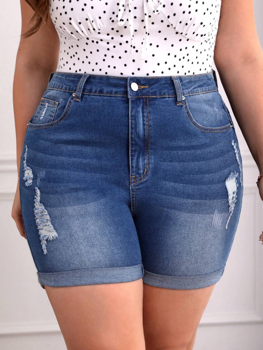 SHEIN VCAY 大碼高腰破洞卷邊牛仔短褲 - 深色水洗藍 - 查看 1