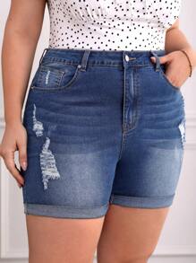 SHEIN VCAY 大碼高腰破洞卷邊牛仔短褲 - 深色水洗藍 - 查看 5