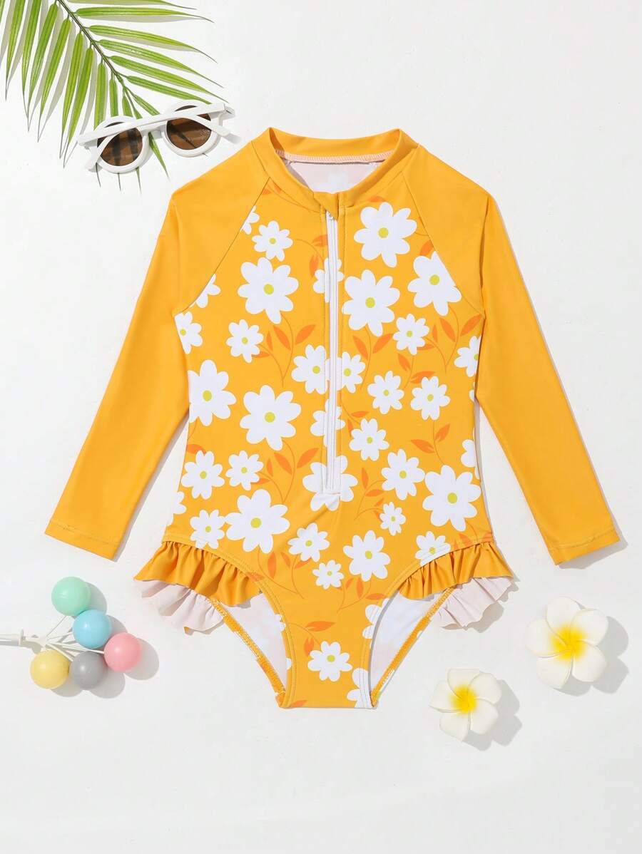 Young Girl Floral Print Zipper Front Frill Trim One Piece Swimsuit