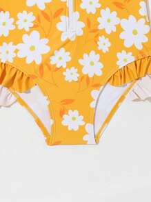 Young Girl Floral Print Zipper Front Frill Trim One Piece Swimsuit