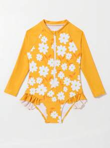 Young Girl Floral Print Zipper Front Frill Trim One Piece Swimsuit
