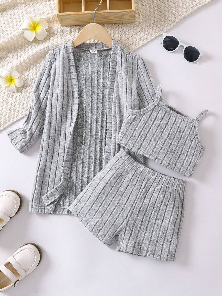 SHEIN 女小童開門襟外套和吊帶背心和短褲 - 灰色 - 查看 1