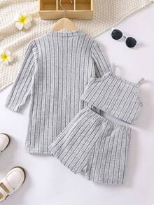 SHEIN 女小童開門襟外套和吊帶背心和短褲 - 灰色 - 查看 2