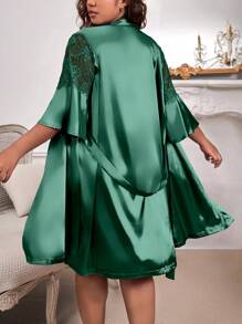 大碼蕾絲拼接腰帶緞面睡袍和吊帶連衣裙睡袍套裝 - 墨綠色 - 查看 2