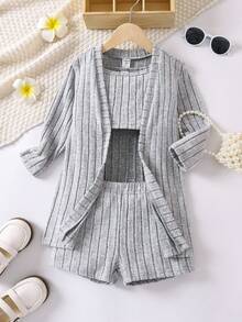 SHEIN 女小童開門襟外套和吊帶背心和短褲 - 灰色 - 查看 6