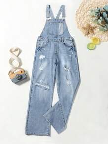Quần yếm & áo liền quần denim dành cho nữ Nút Túi Bị tách màu trơn Giải trí - Rửa trung bình - Xem 1