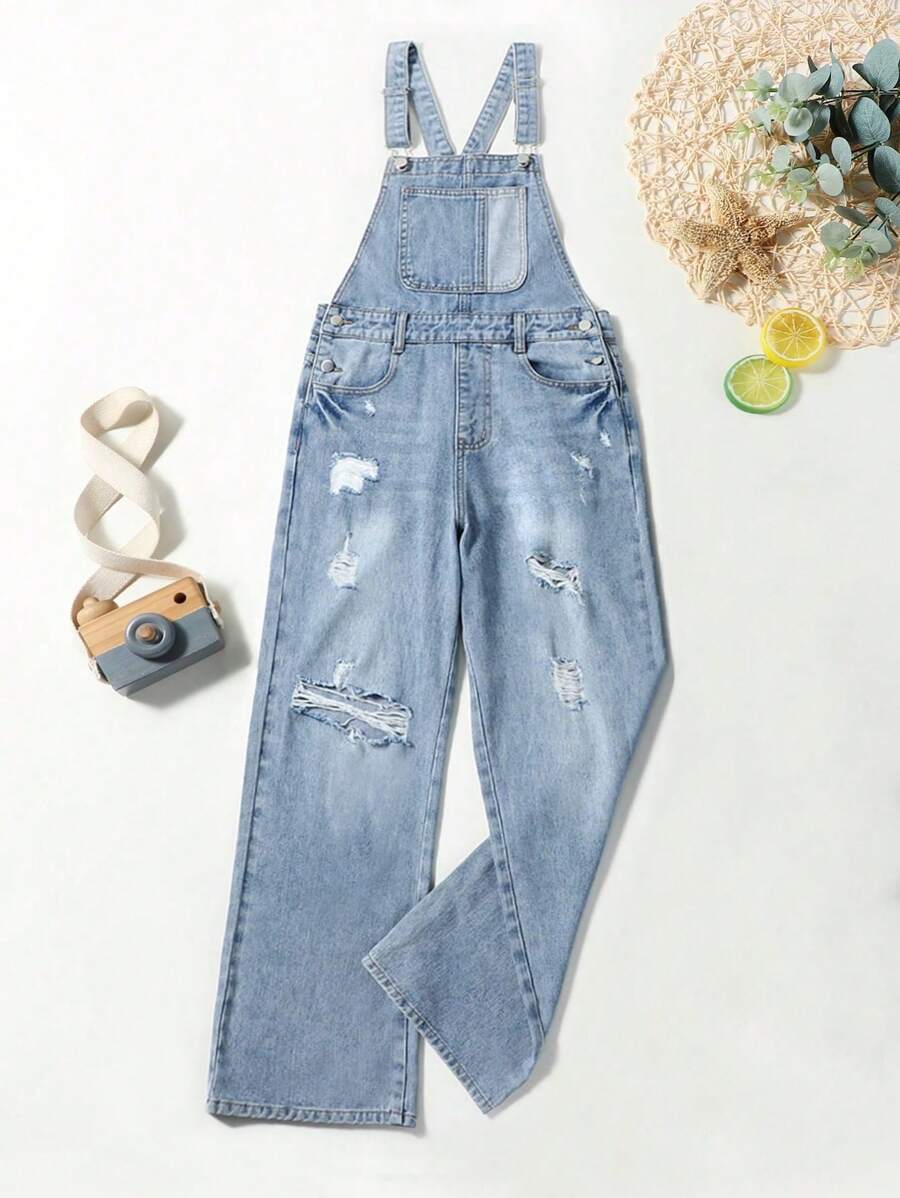 Quần yếm & áo liền quần denim dành cho nữ Nút Túi Bị tách màu trơn Giải trí - Rửa trung bình - Xem 1