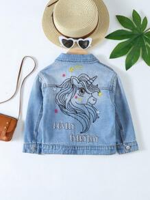 小女童獨角獸和字母刺繡牛仔夾克 - 中等水洗藍 - 查看 1