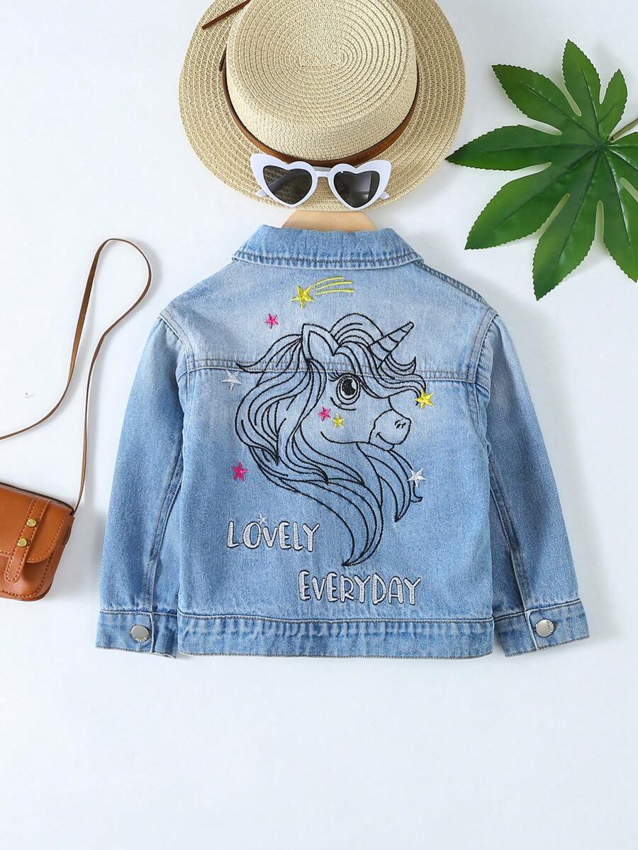 小女童獨角獸和字母刺繡牛仔夾克 - 中等水洗藍 - 查看 1