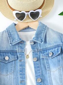 小女童獨角獸和字母刺繡牛仔夾克 - 中等水洗藍 - 查看 3